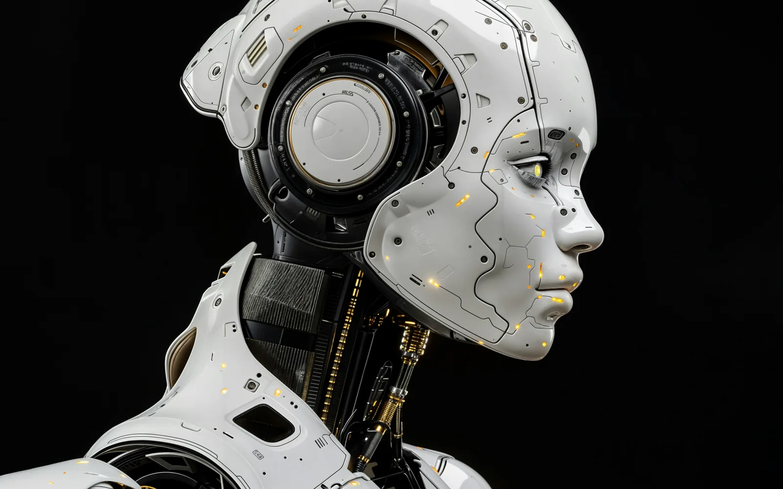 Humanoid robot in profile against a black background