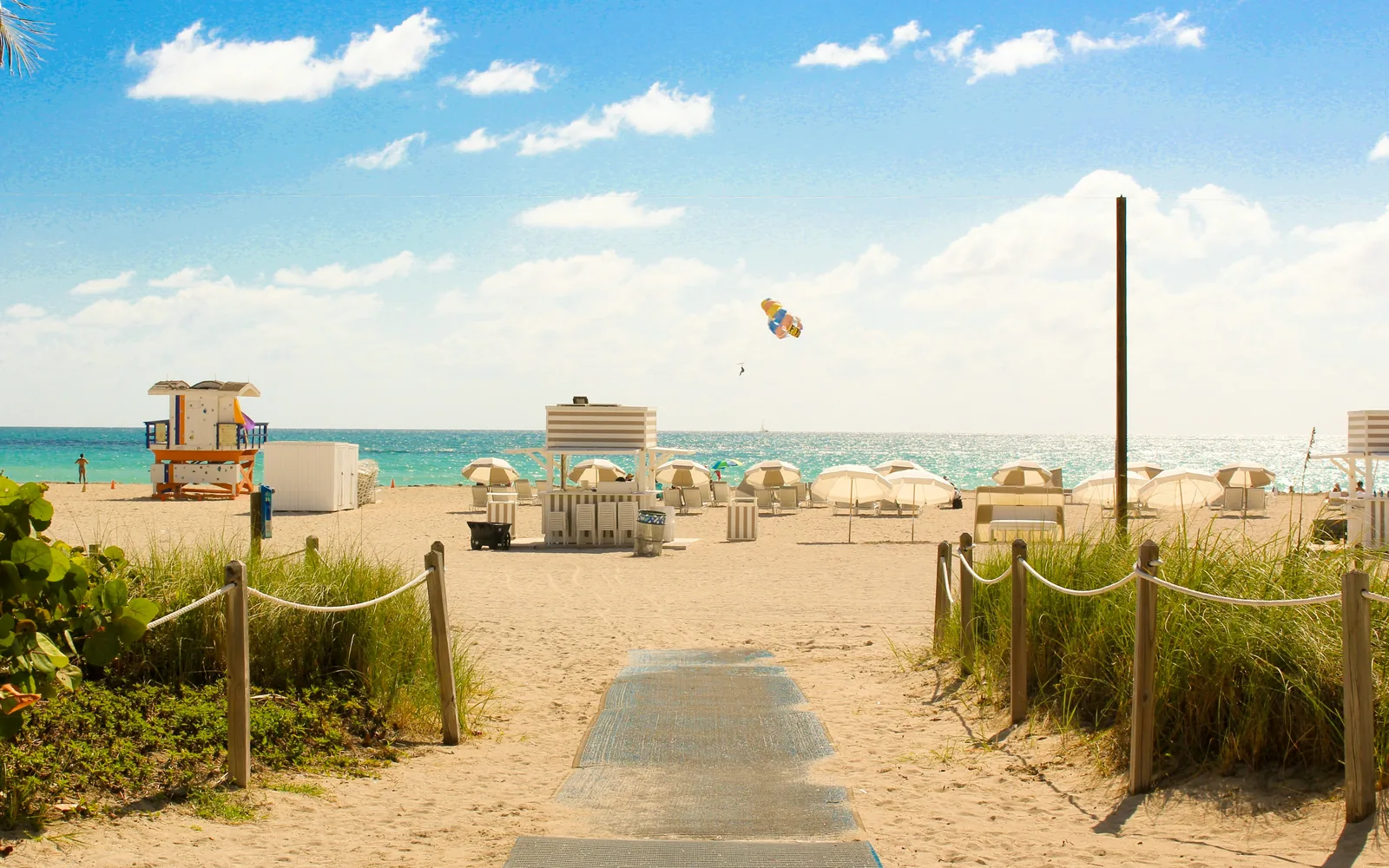 Beach path to a lifeguard tower on Miami Beach