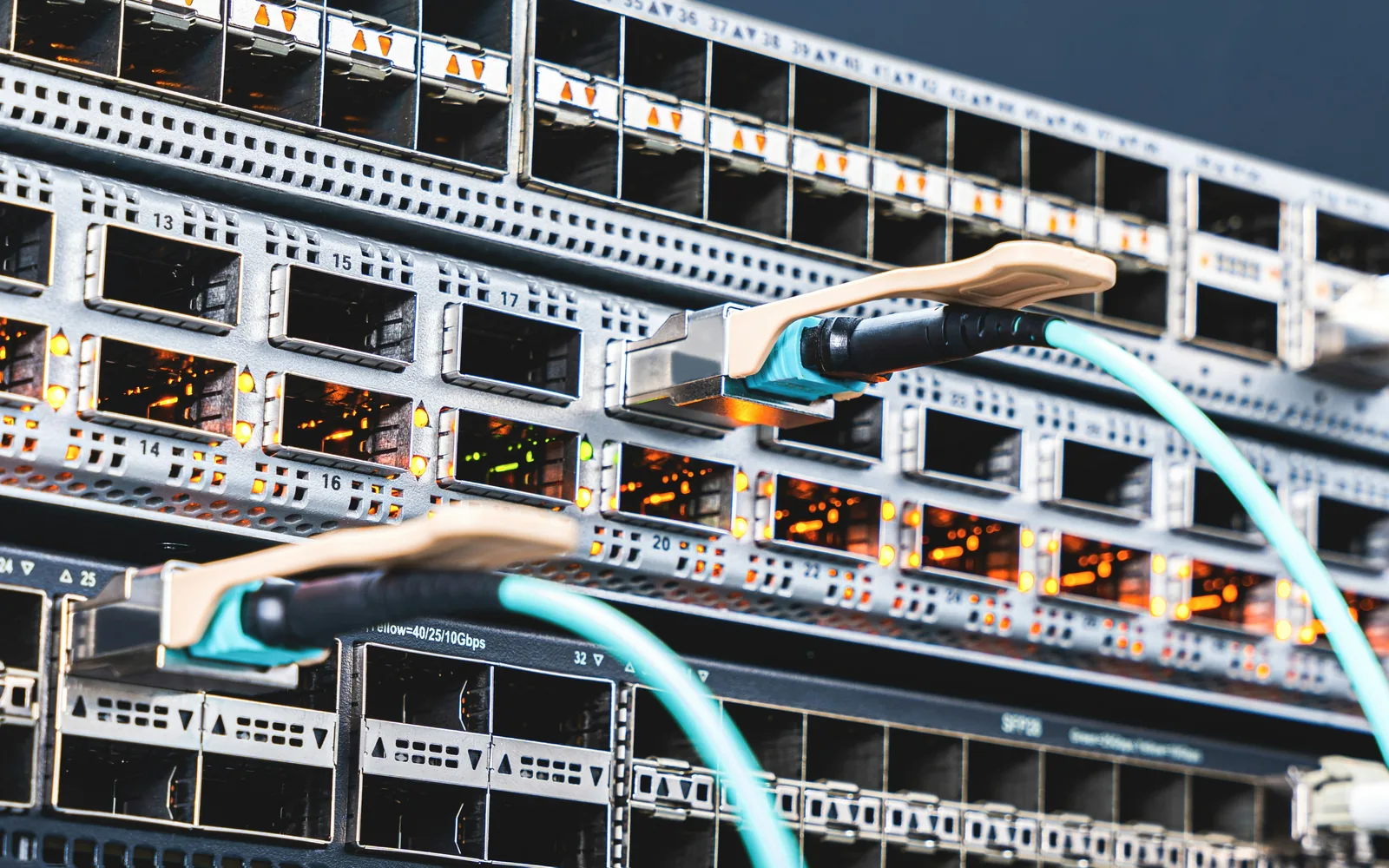 Network switch with cables plugged in