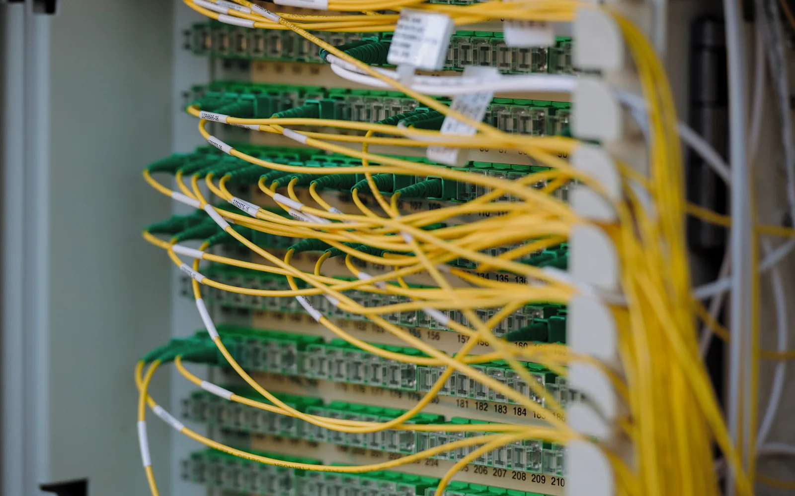 Yellow and green cables in a patch panel