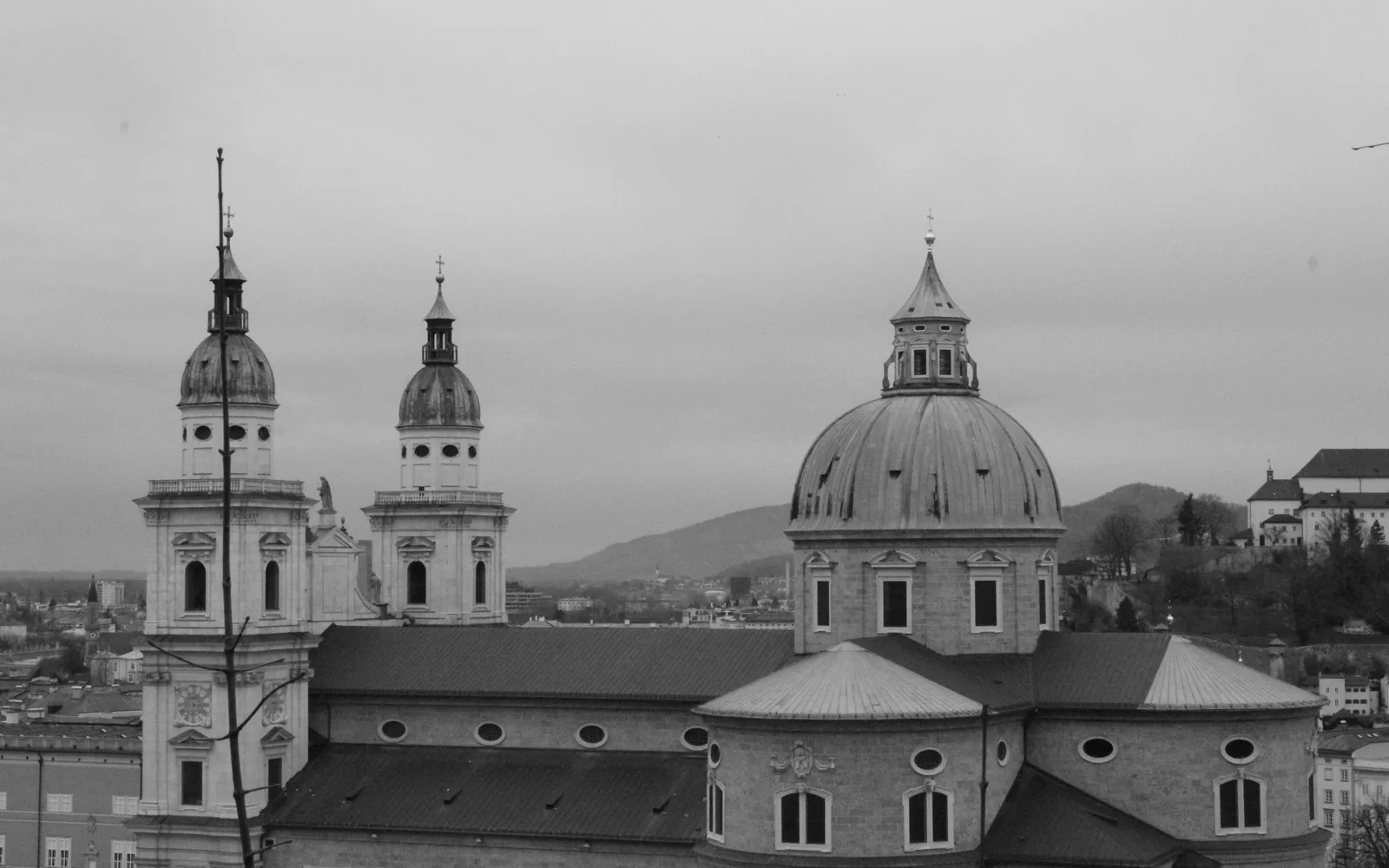 Church with domes on a cloudy day.