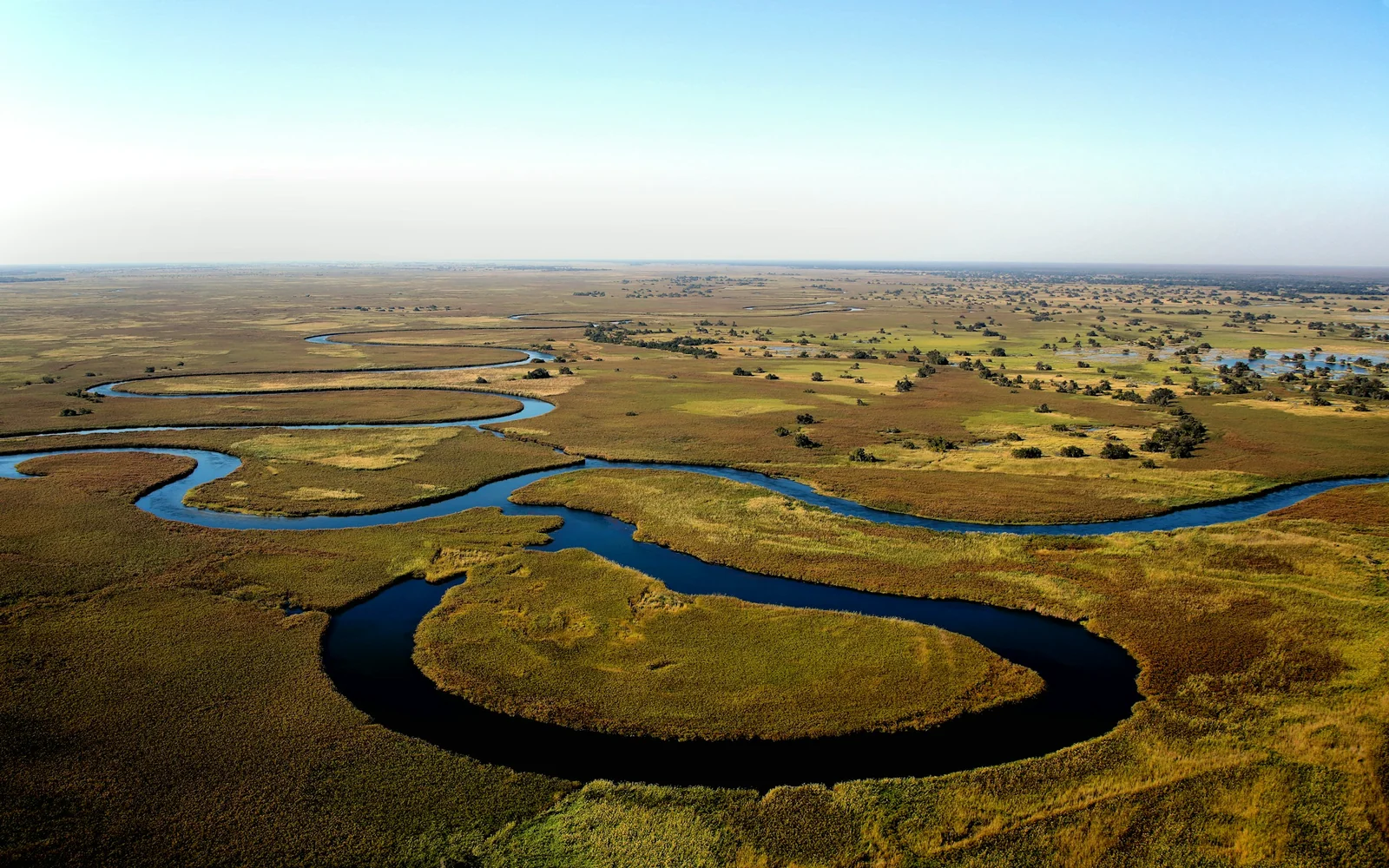Aerial view of the Okavango Delta waterways in Botswana