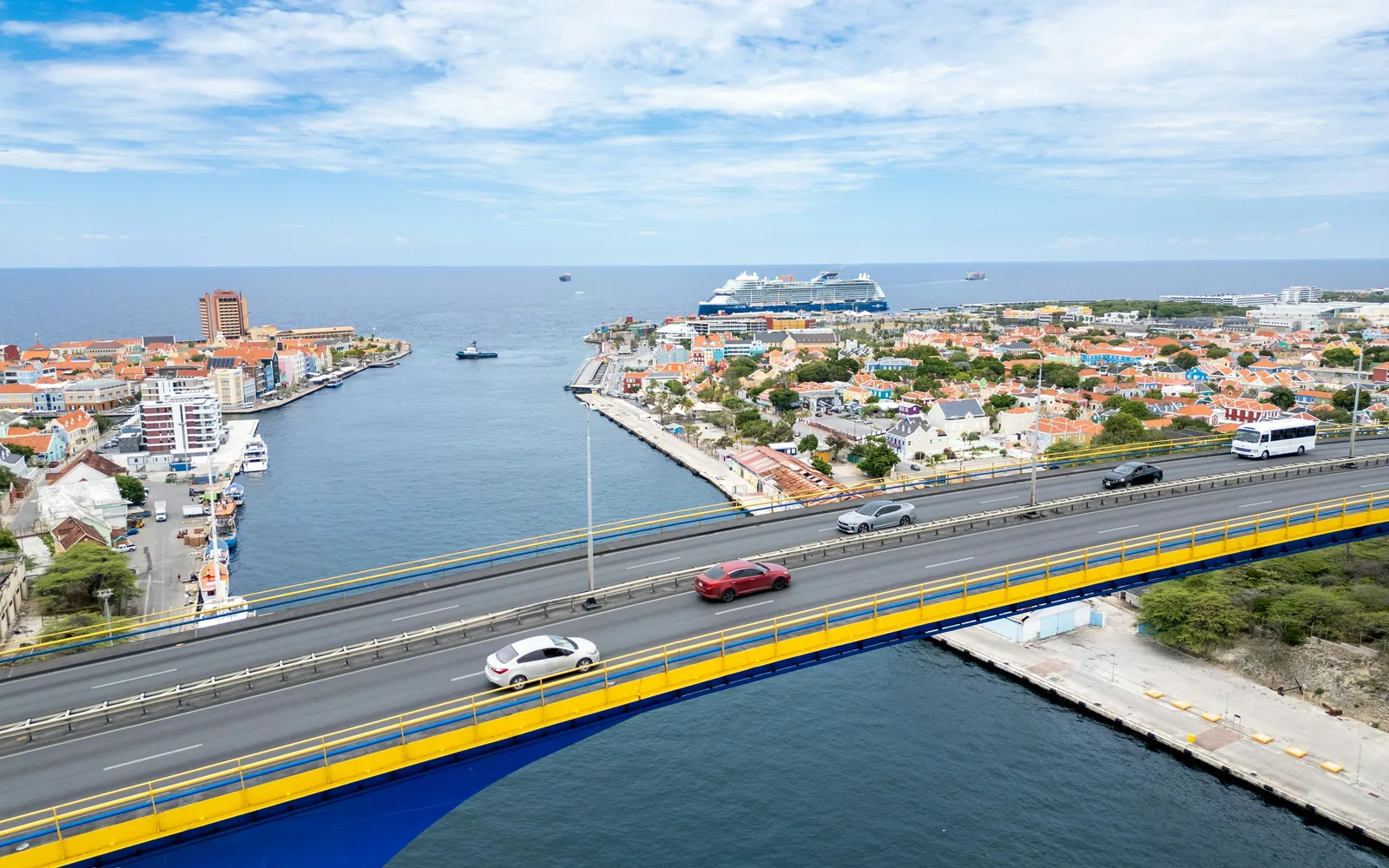 Aerial view of Willemstad, Curaçao, featuring the Queen Juliana Bridge.