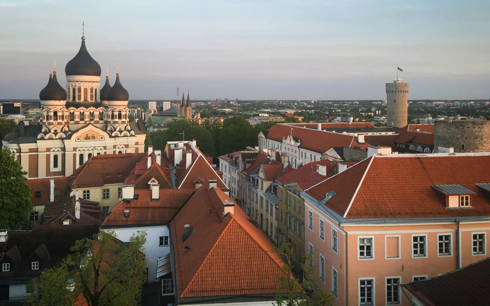 Panoramic view of historic Tallinn with Alexander Nevsky Cathedral domes and red roofs, Harjumaa, Estonia, May 2019