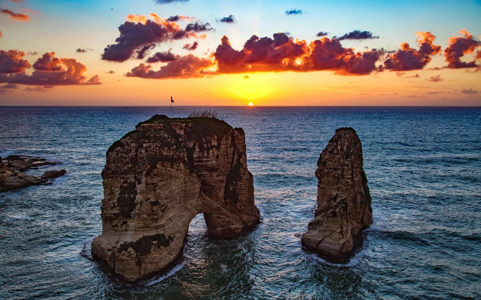 Pigeon Rocks of Raouché rising from the sea, Beirut, Lebanon