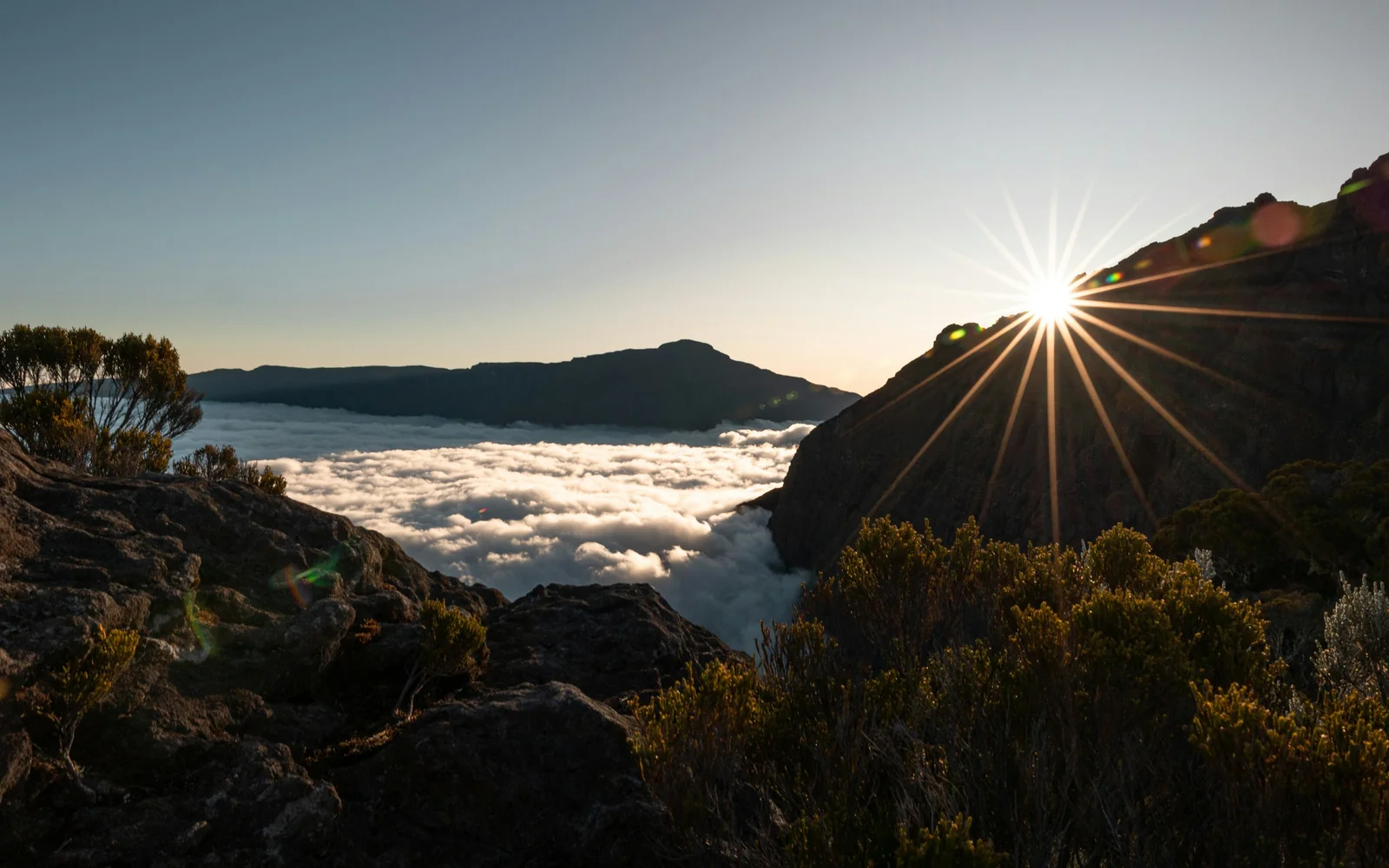 Sun above the clouds in the mountains of Réunion