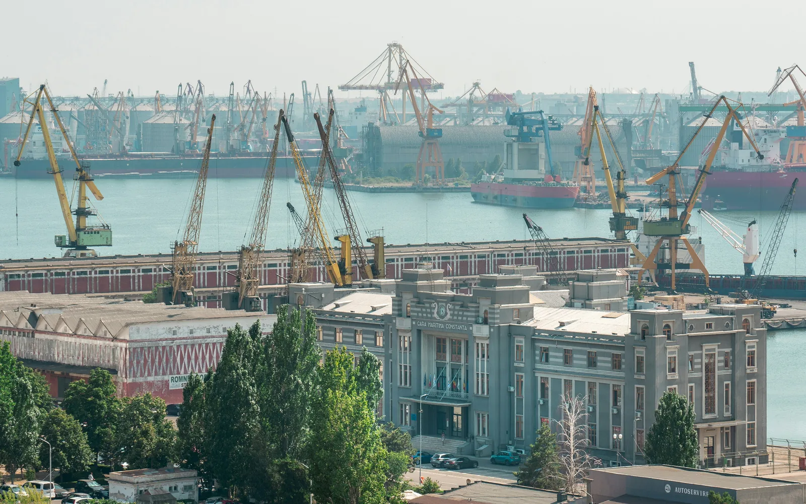 View of port cranes on the Black Sea.