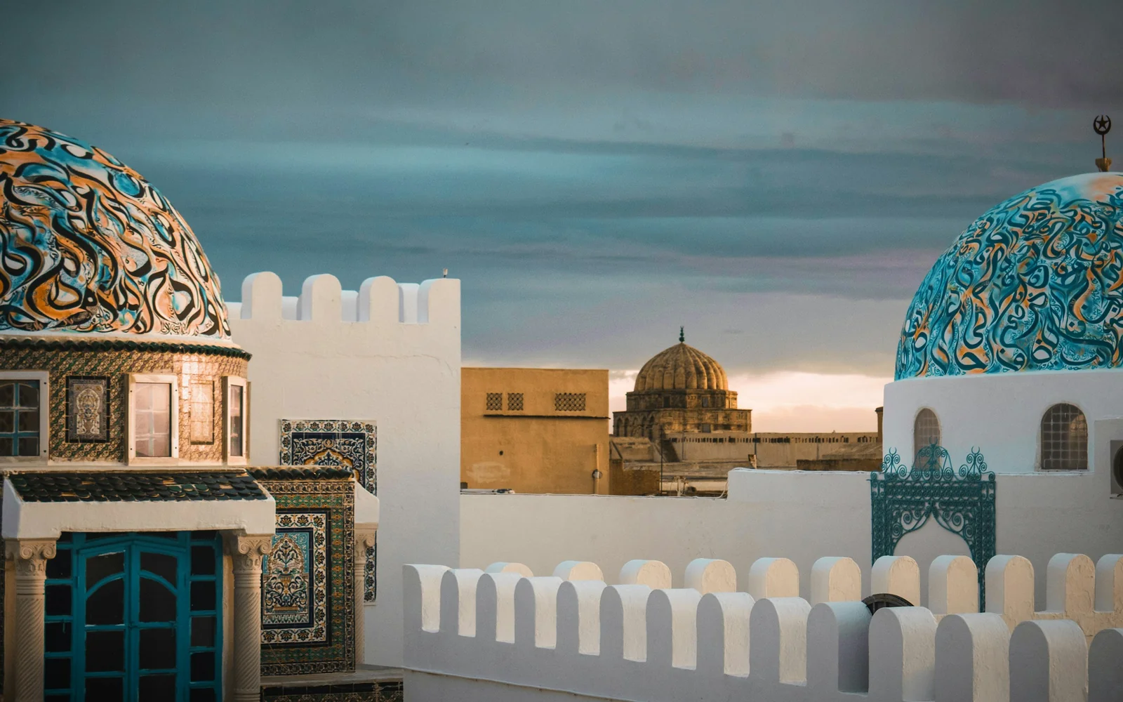 Traditional white-and-teal Tunisian architecture